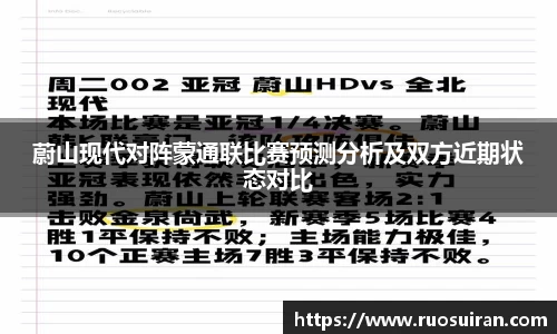 蔚山现代对阵蒙通联比赛预测分析及双方近期状态对比